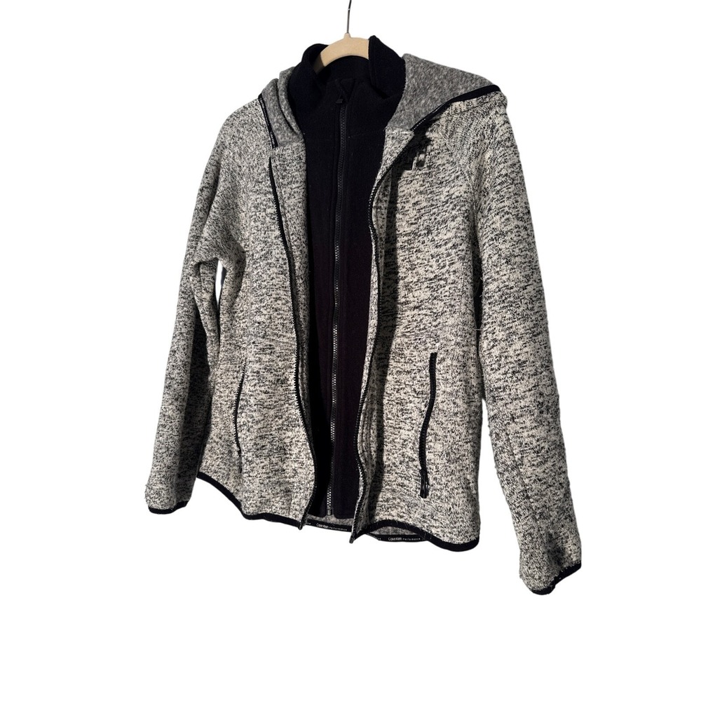 Calvin Klein Performance Womens L Marled Double Zip Hooded Jacket Black White